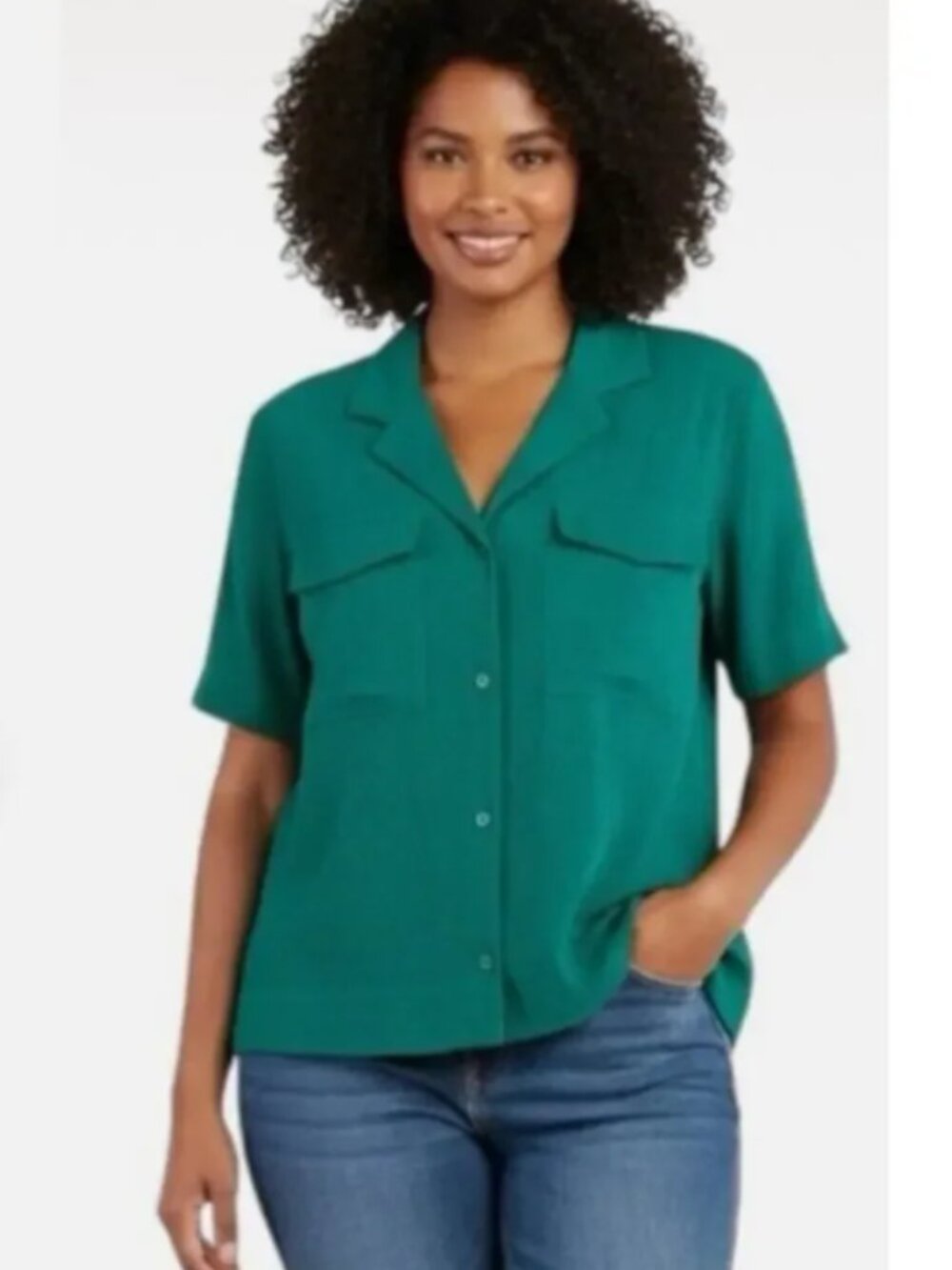 Athleta Echo‎ green button up boxy short sleeve casual travel shirt S